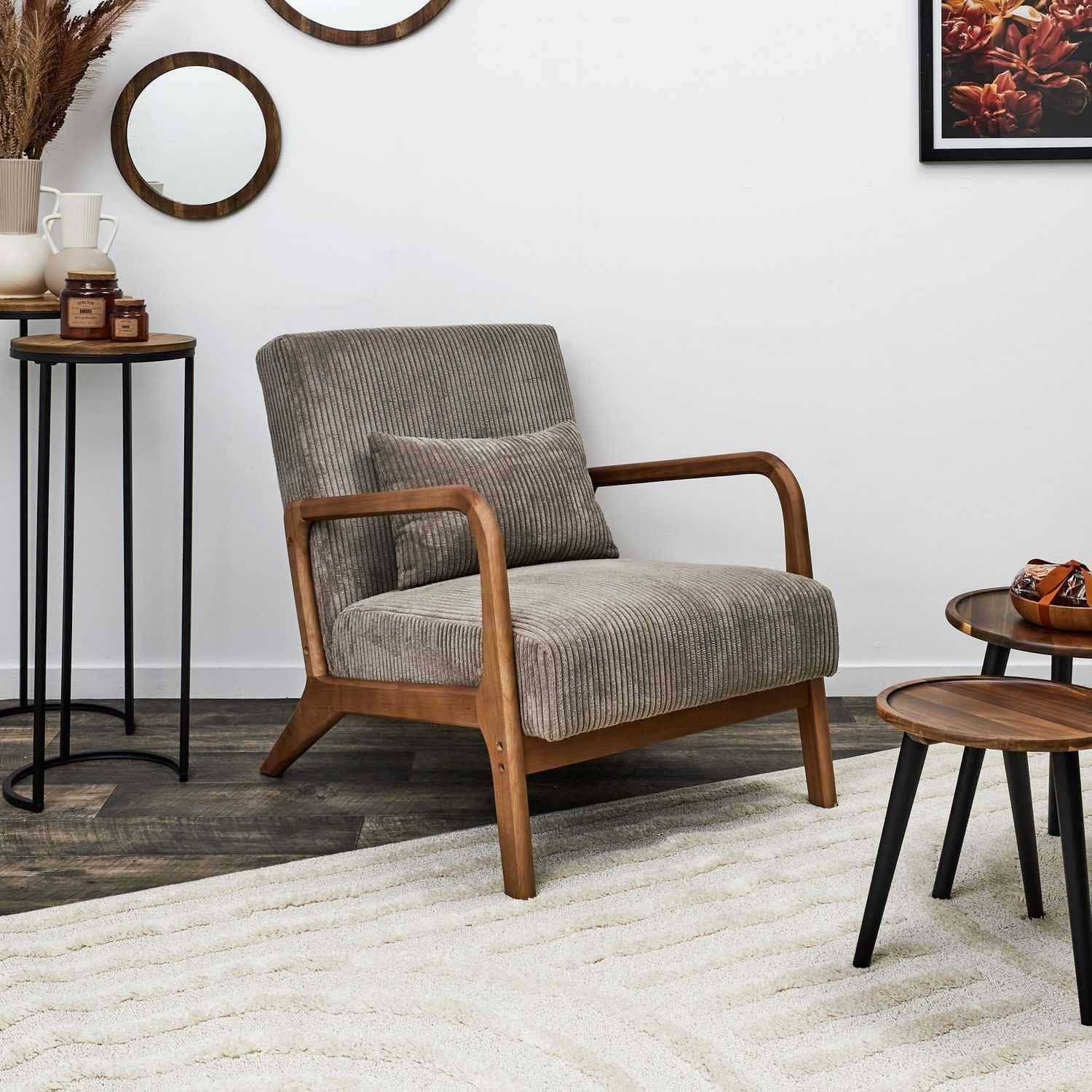 Fauteuil détente en velours côtelé taupe L.64.5 cm p.83.5 cm H.75 cm - Home deco factory - Image 9