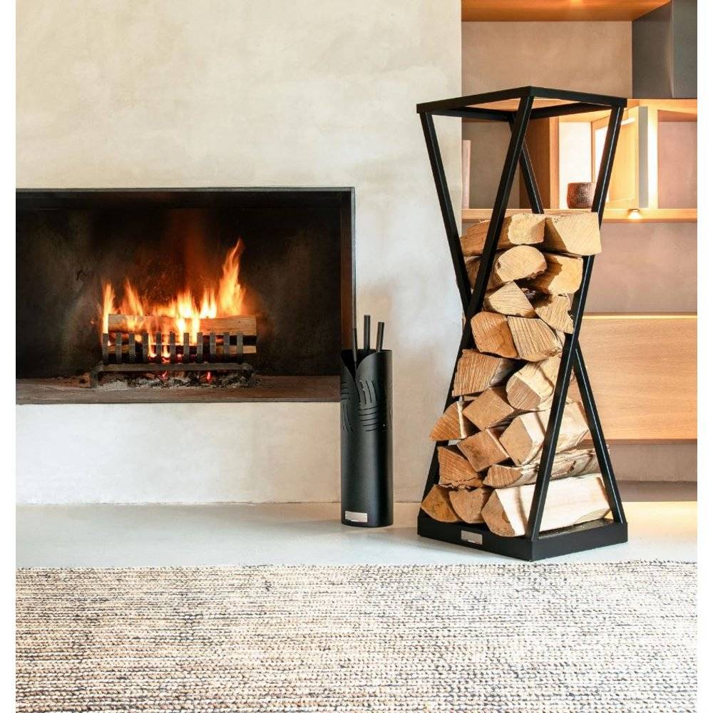 Range-bûches type sablier en acier noir H.118 cm pour bûches L.40 cm - Le marquier