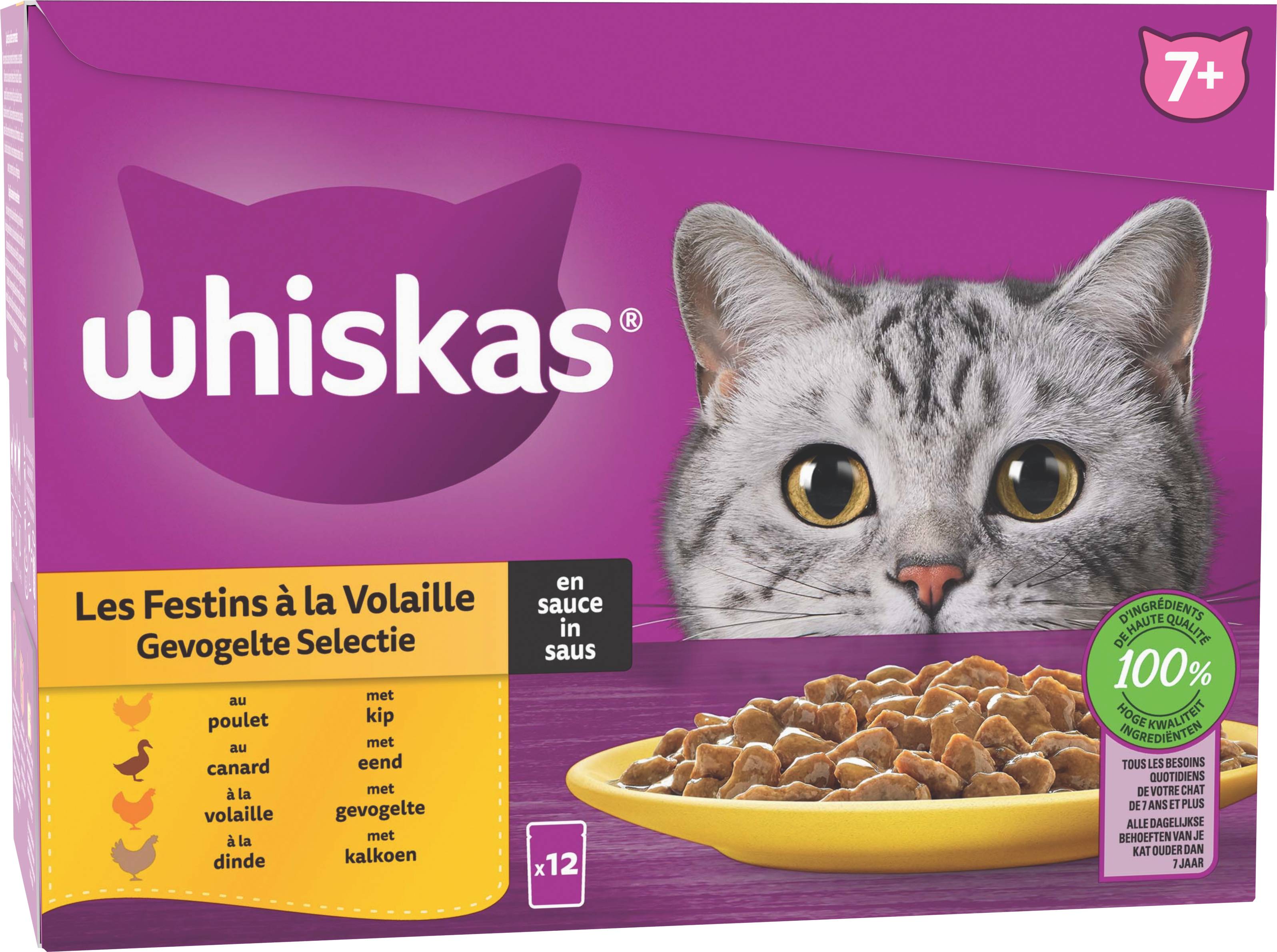 WHISKAS Sachets fraîcheur Les Festins à la Volaille en sauce 4 variétés pour chat senior 12x85g