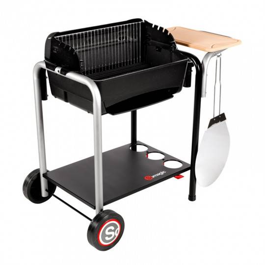 BARBECUE CHARBON DE BOIS  ROMA CUVE FONTE ET FOUR A PIZZA SOUFFLERIE INTEGREE SUR CHARIOT