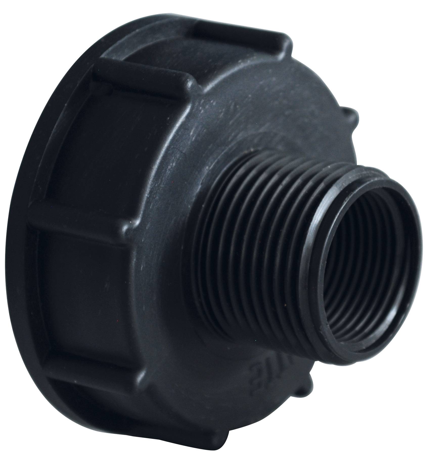 Adaptateur plastique de cuve grillagée 1000L, Øsortie cuve 60, sortie mâle 26x34 et femelle 20x27