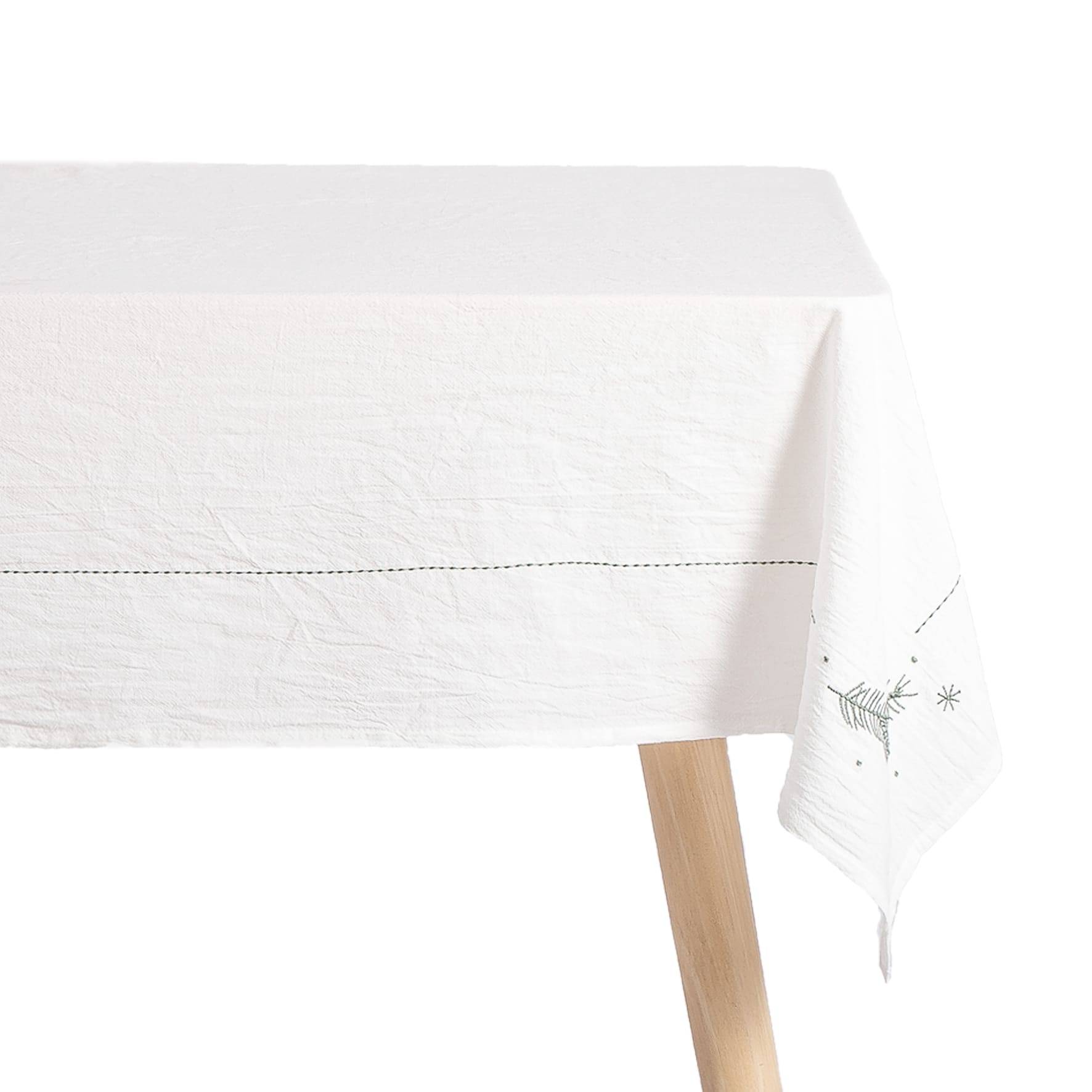 Nappe blanche brodée verte L.250 x l.130 cm - ECLOZ