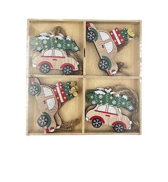 Ecloz - Boîte de 8 suspensions décoratives de Noël - voitures en bois - ECLOZ