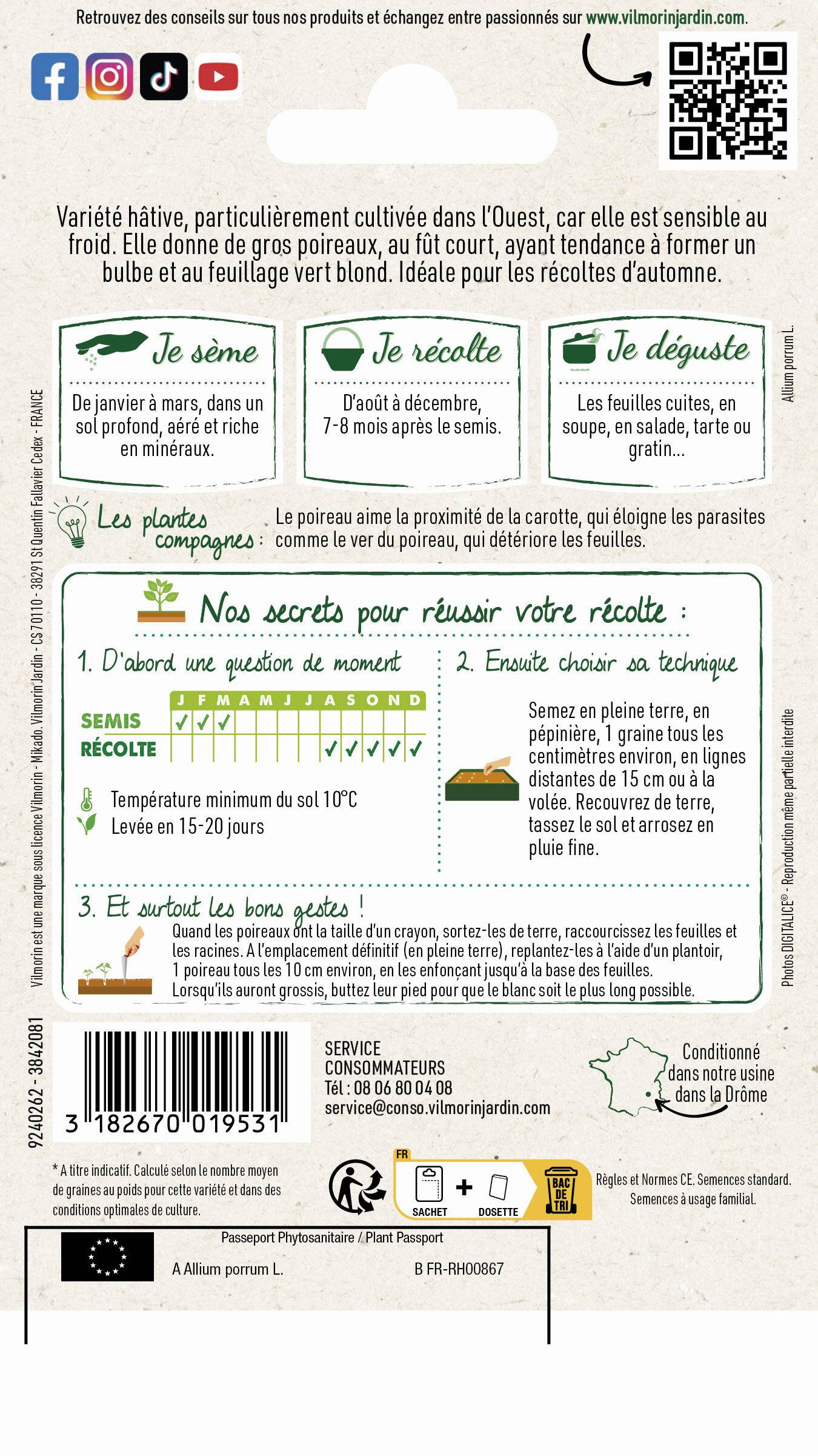 Vilmorin - Poireau Jaune gros du Poitou serie 1 sachet graines 1 g - Vilmorin - Image 2