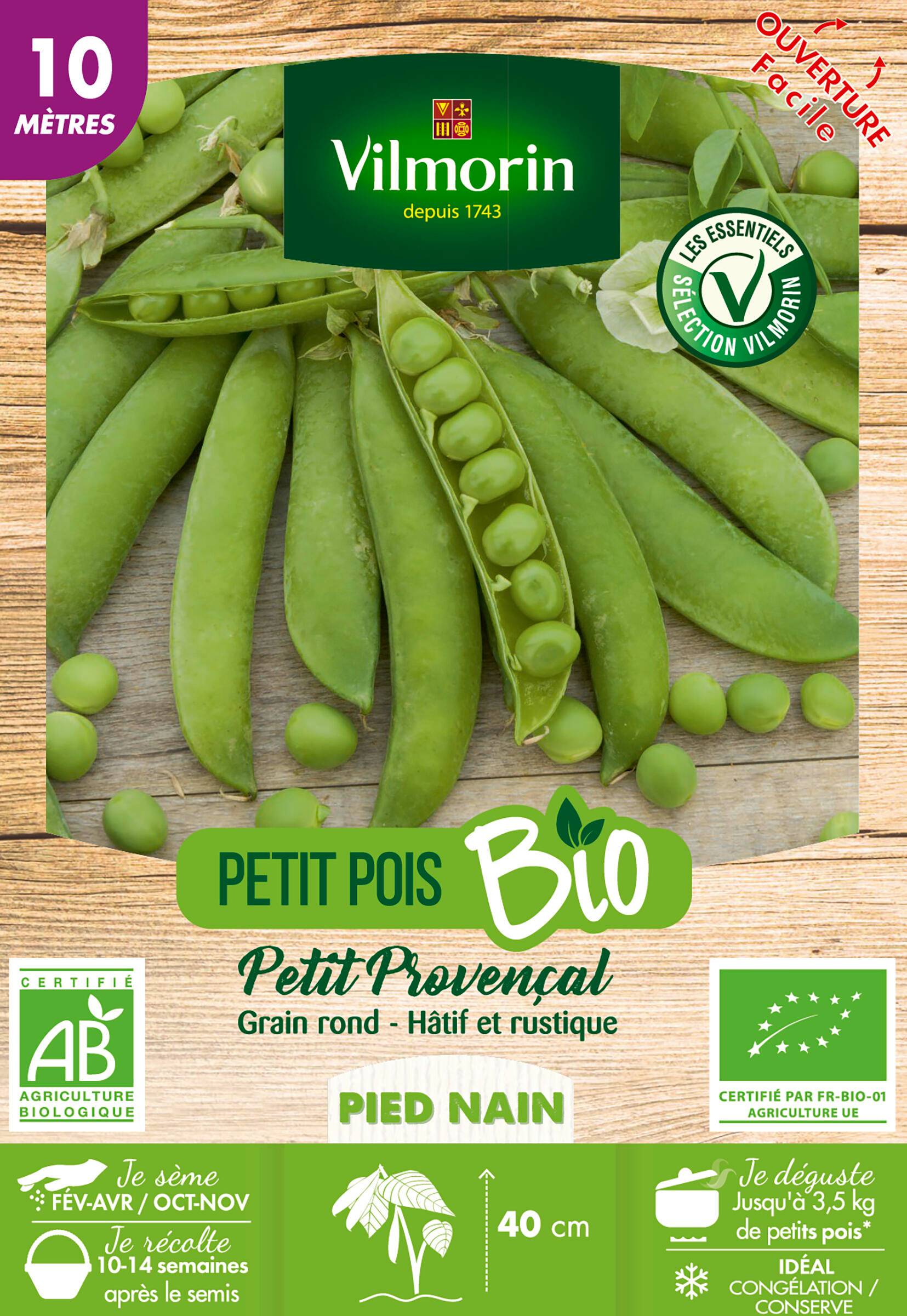 Vilmorin - Pois Petit Provençal Bio serie 10M boîte graines 123 g - Vilmorin