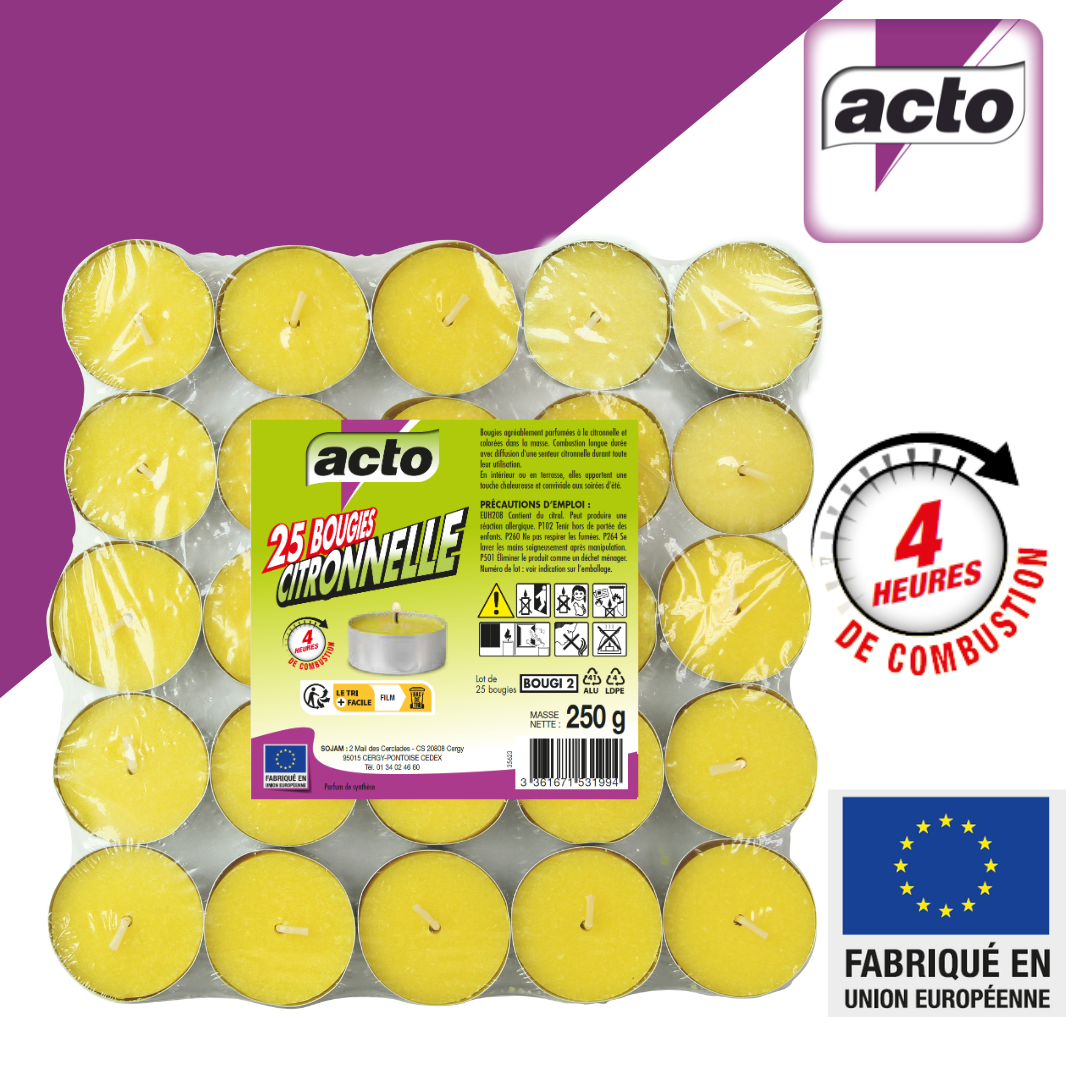 Acto - Lot de 25 mini-bougies parfumées à la citronnelle.