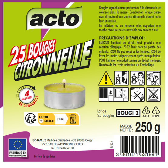 Acto - Lot de 25 mini-bougies parfumées à la citronnelle. - Image 5