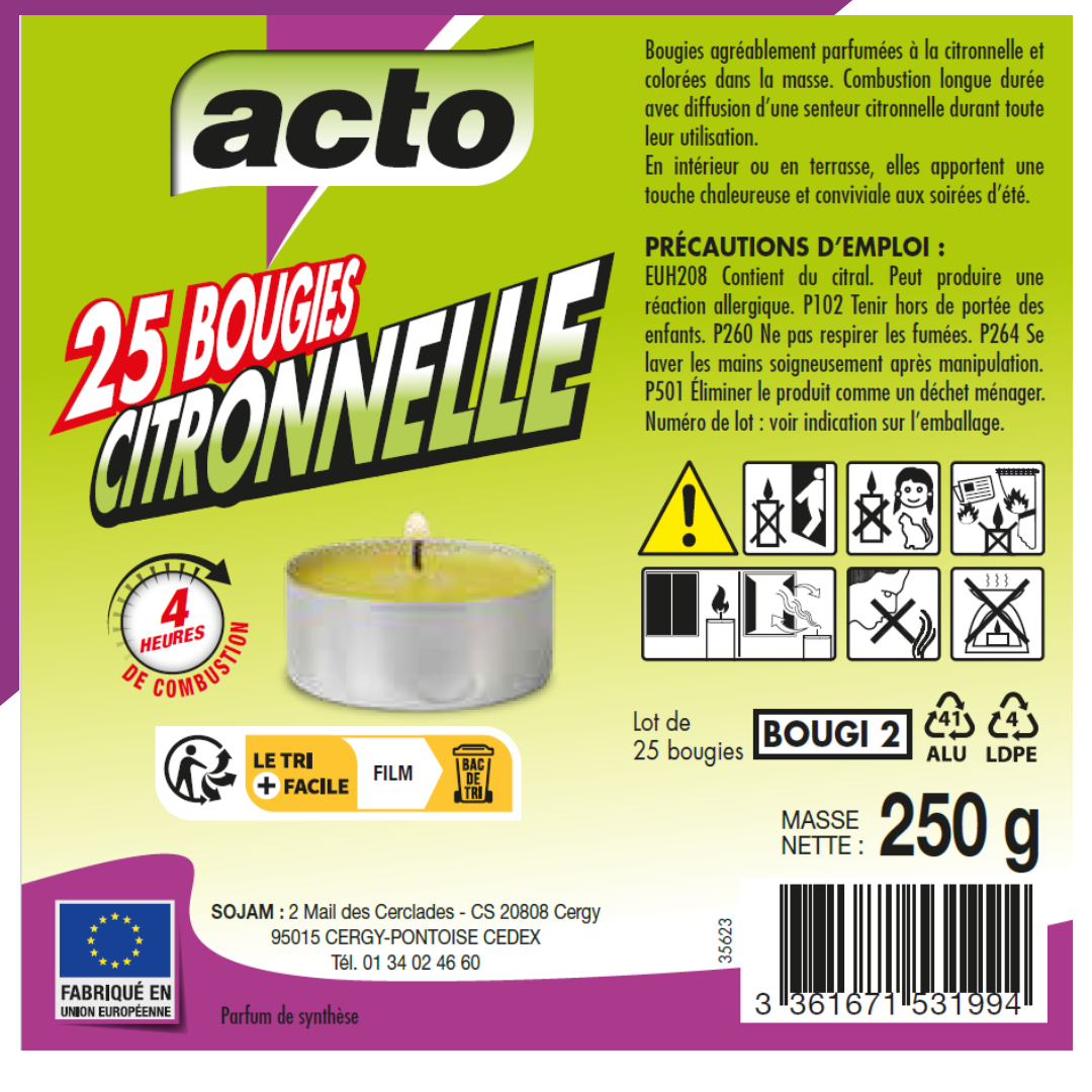 Acto - Lot de 25 mini-bougies parfumées à la citronnelle. - Imagen 5