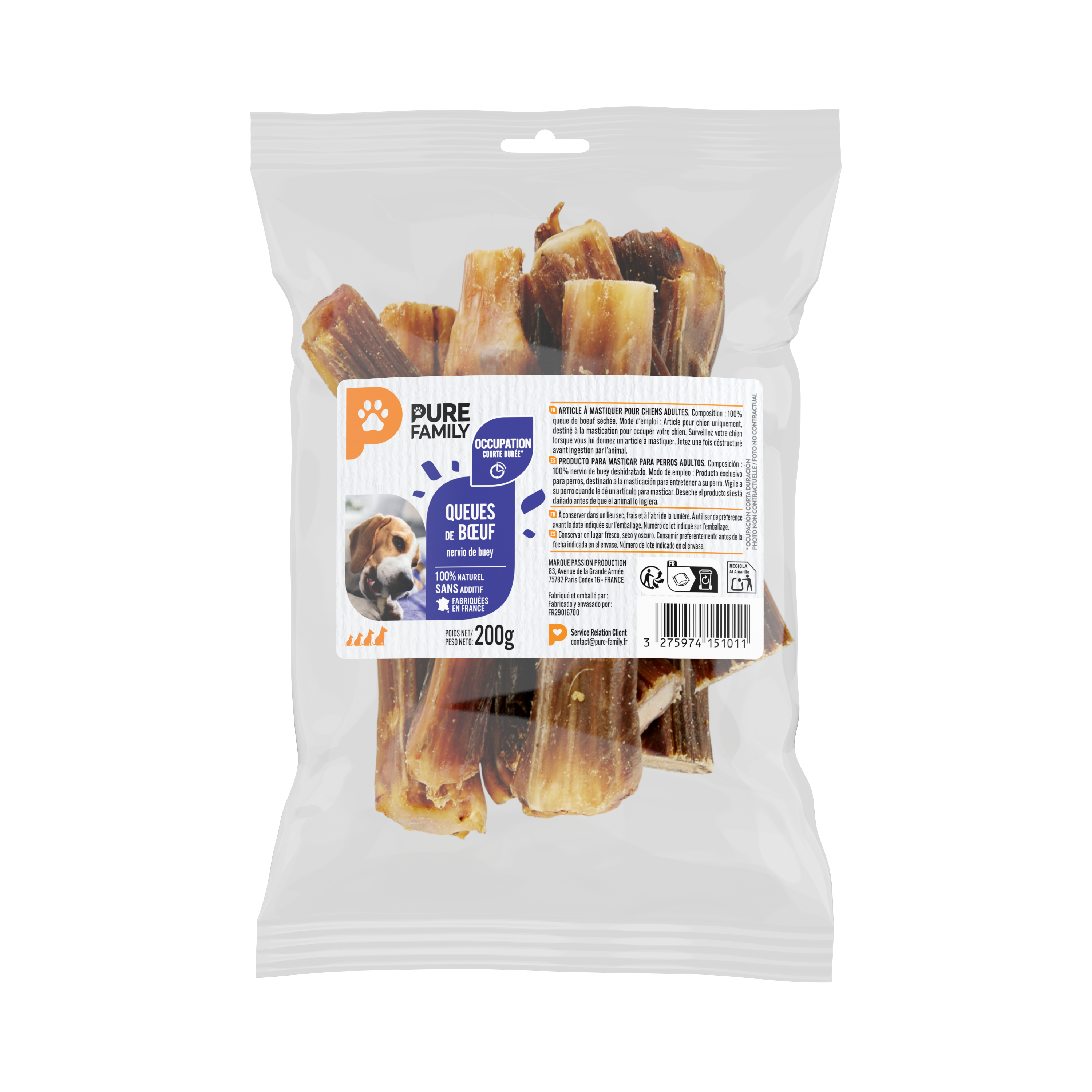 Pure Family - Bolsa de golosinas colas de res para perro - 200 g - PURE FAMILY - Imagen 1
