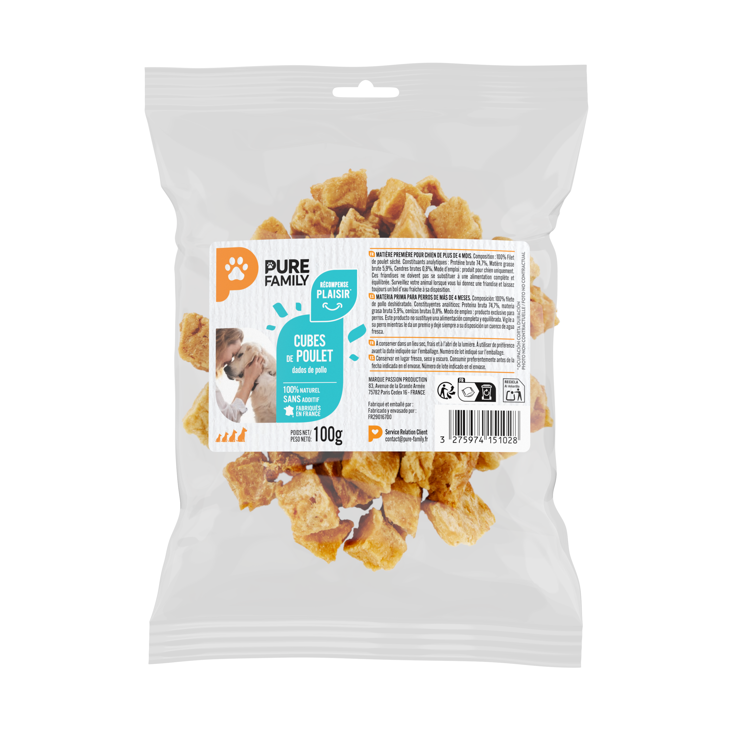 Pure Family - Sachet de friandises cubes de poulet pour chien - 100 g - PURE FAMILY