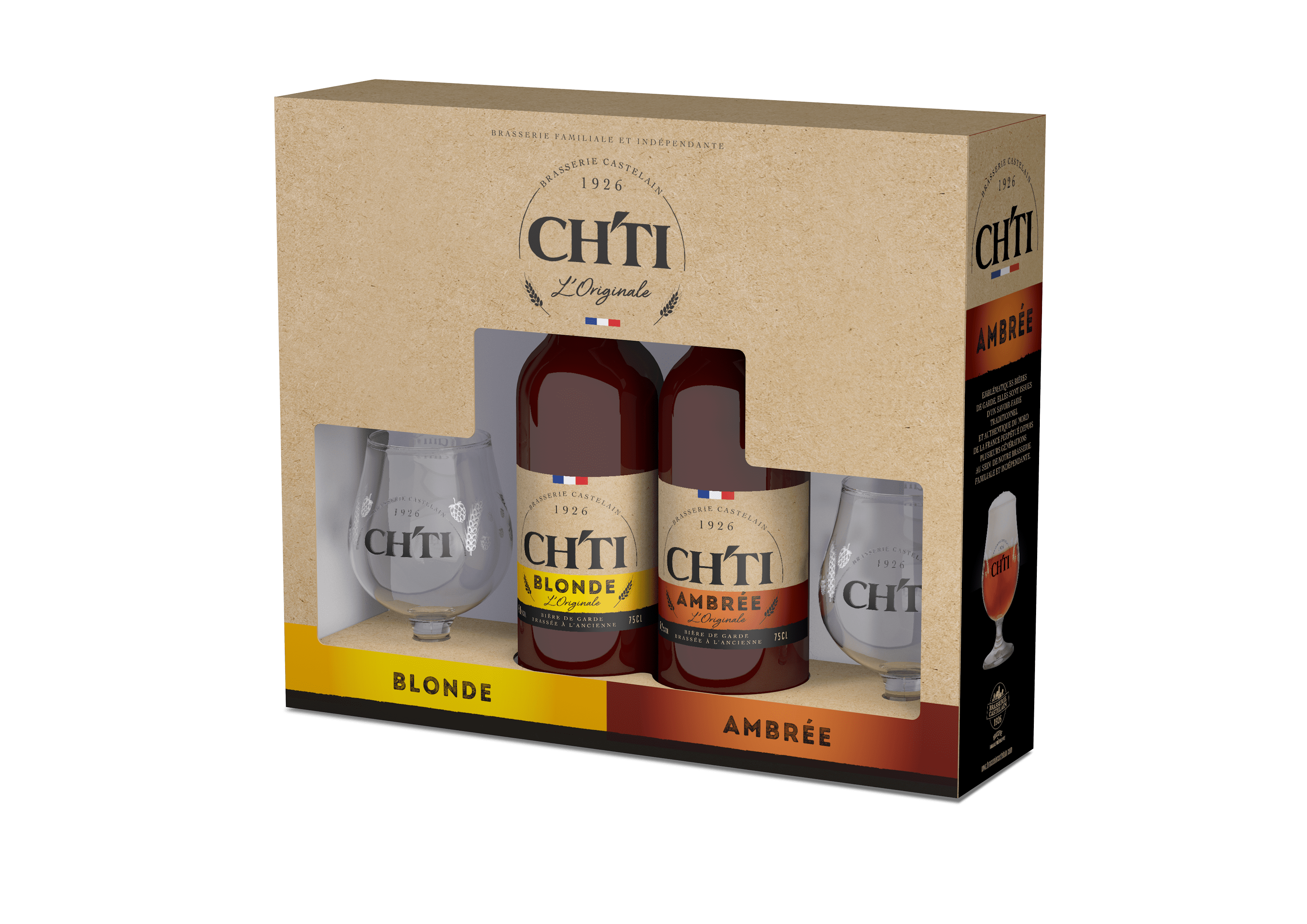 Chti - Caja de cervezas 2 x 75 cl + 2 vasos "Ch'ti" - Brasserie Castelain