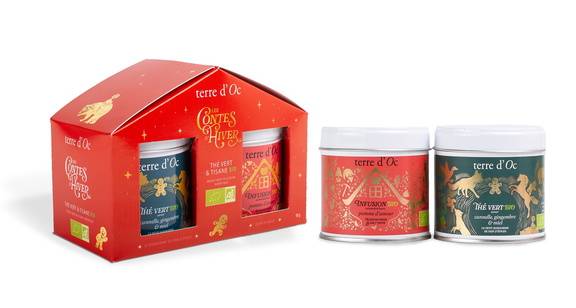Terre d'Oc - Coffret duo thés BIO : thé vert gingembre cannelle miel 50g et tisane pomme d'amour 40g - Terre d'Oc