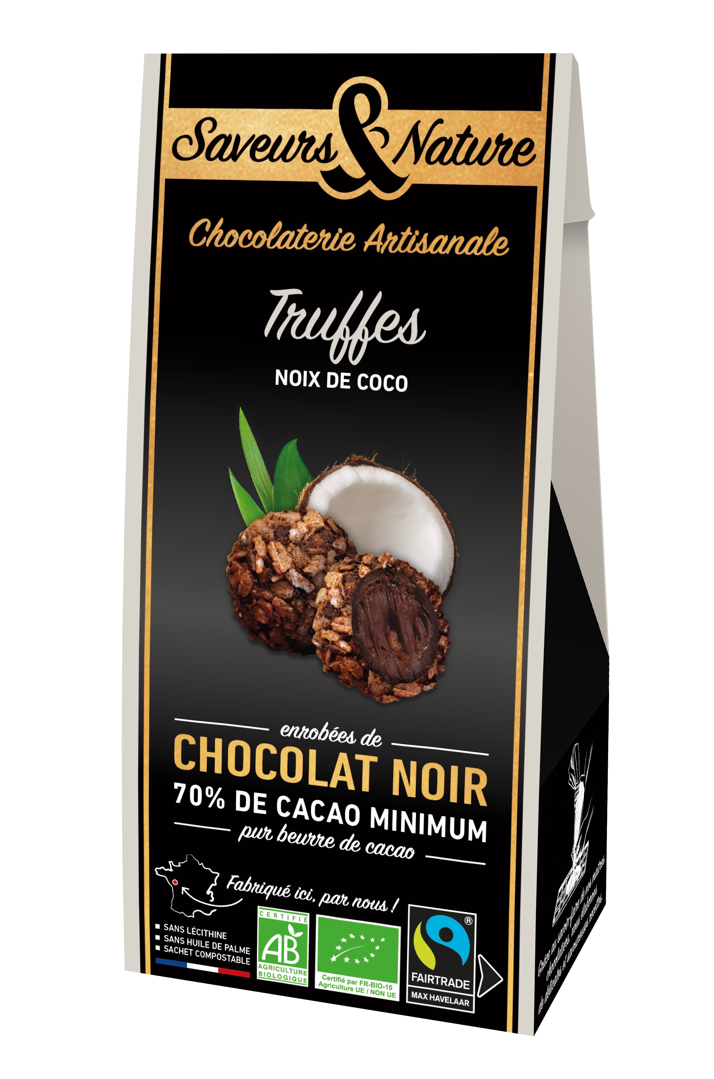 Saveurs et Nature - Truffes noix de coco enrobées de chocolat noir 100g - Saveurs & Nature
