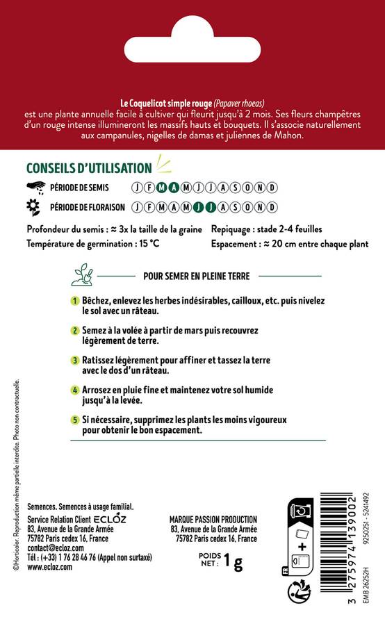 Ecloz - Coquelicot simple rouge graines sachet 1 g - ECLOZ - Image 2
