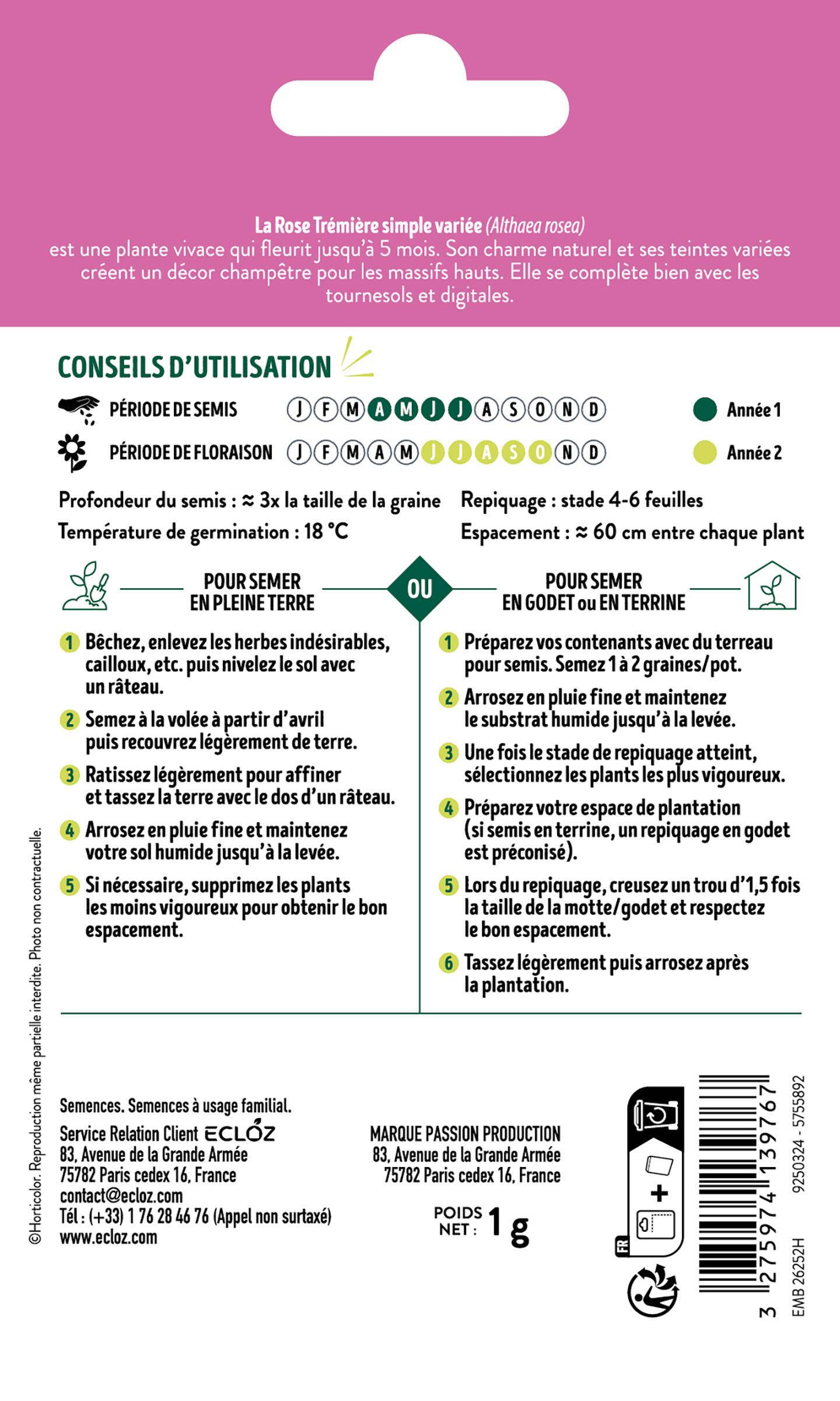 Ecloz - Rose Trémière simple variée graines sachet 1 g - ECLOZ - Imagen 2