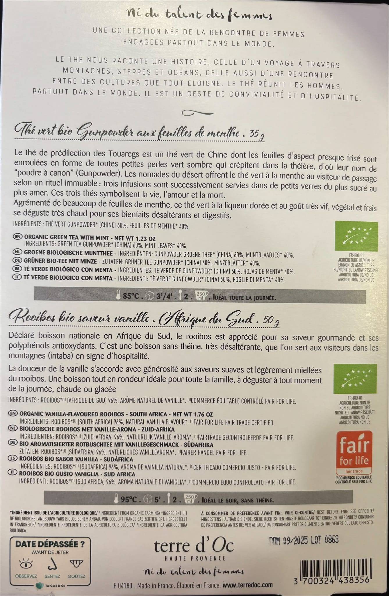Terre d'Oc - Coffret thé vert BIO menthe 35 g et rooibos BIO vanille 50 g avec cuillère filtre - Terre d'Oc - Imagen 3