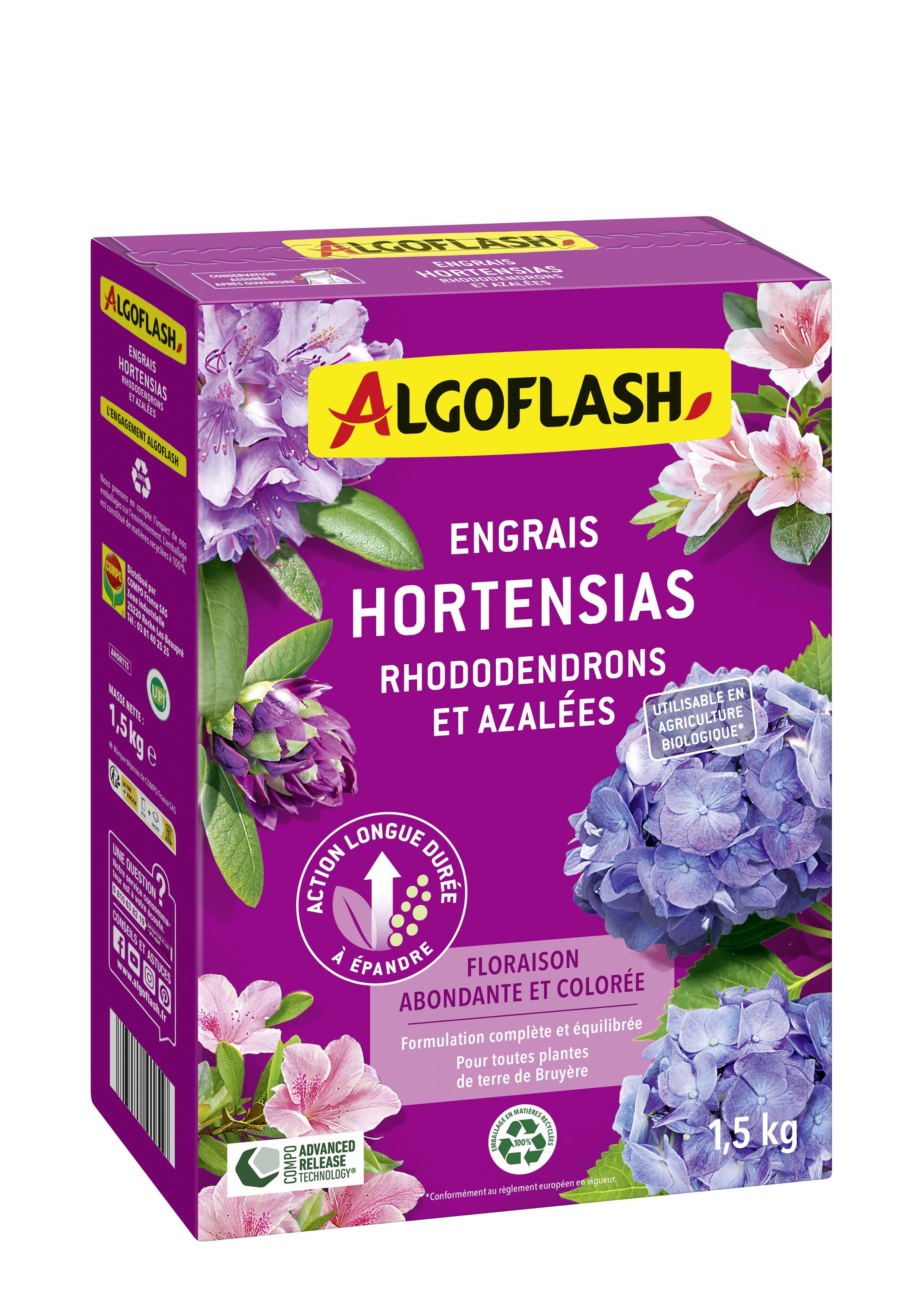 Algoflash - Fertilizante Hortensias, Rododendros, Azaleas UAB 1,5 kg - Algoflash