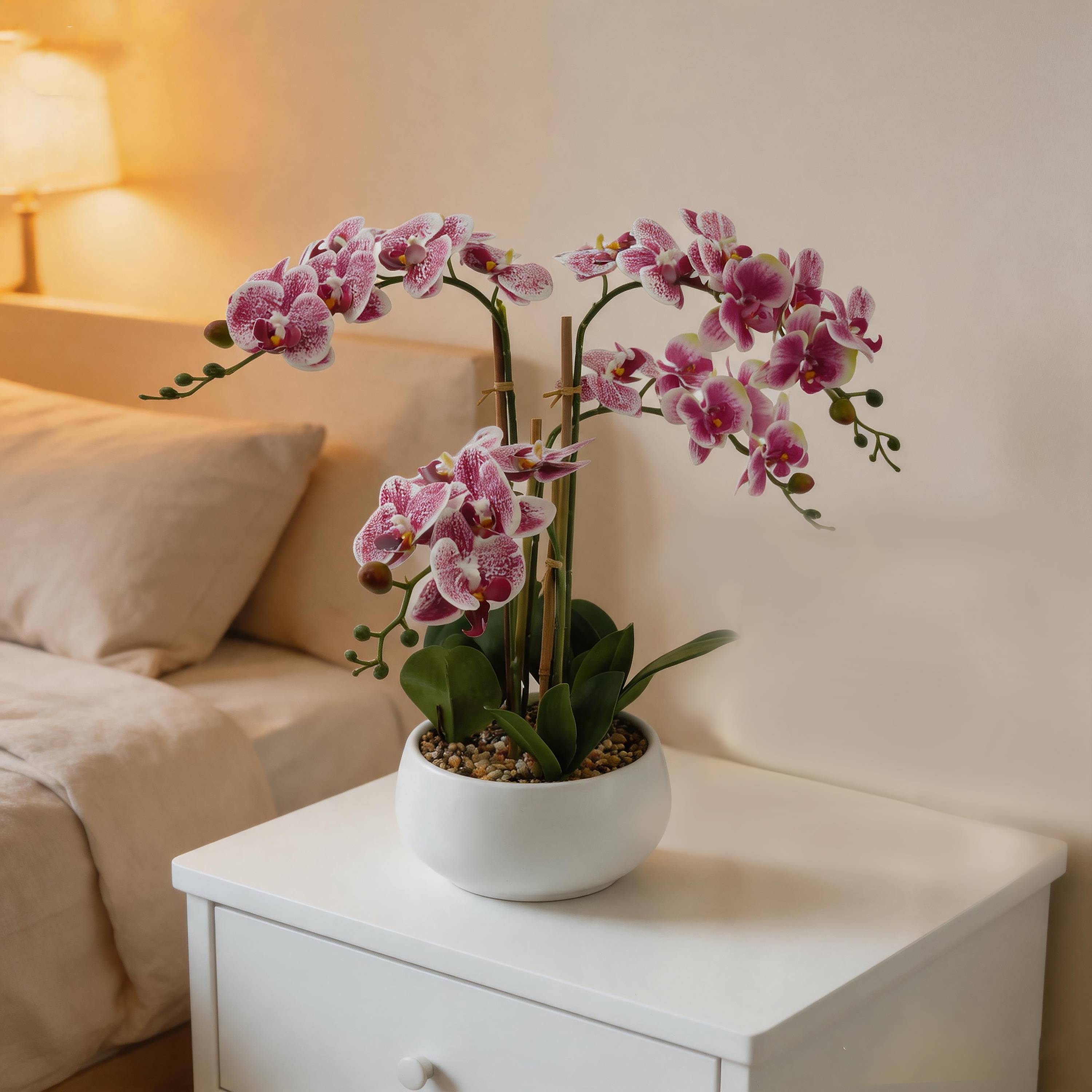 Ecloz - Orquídea phalaenopsis artificial en maceta - 4 tallos - blanca con manchas púrpura - H. 55 cm - ECLOZ - Imagen 4