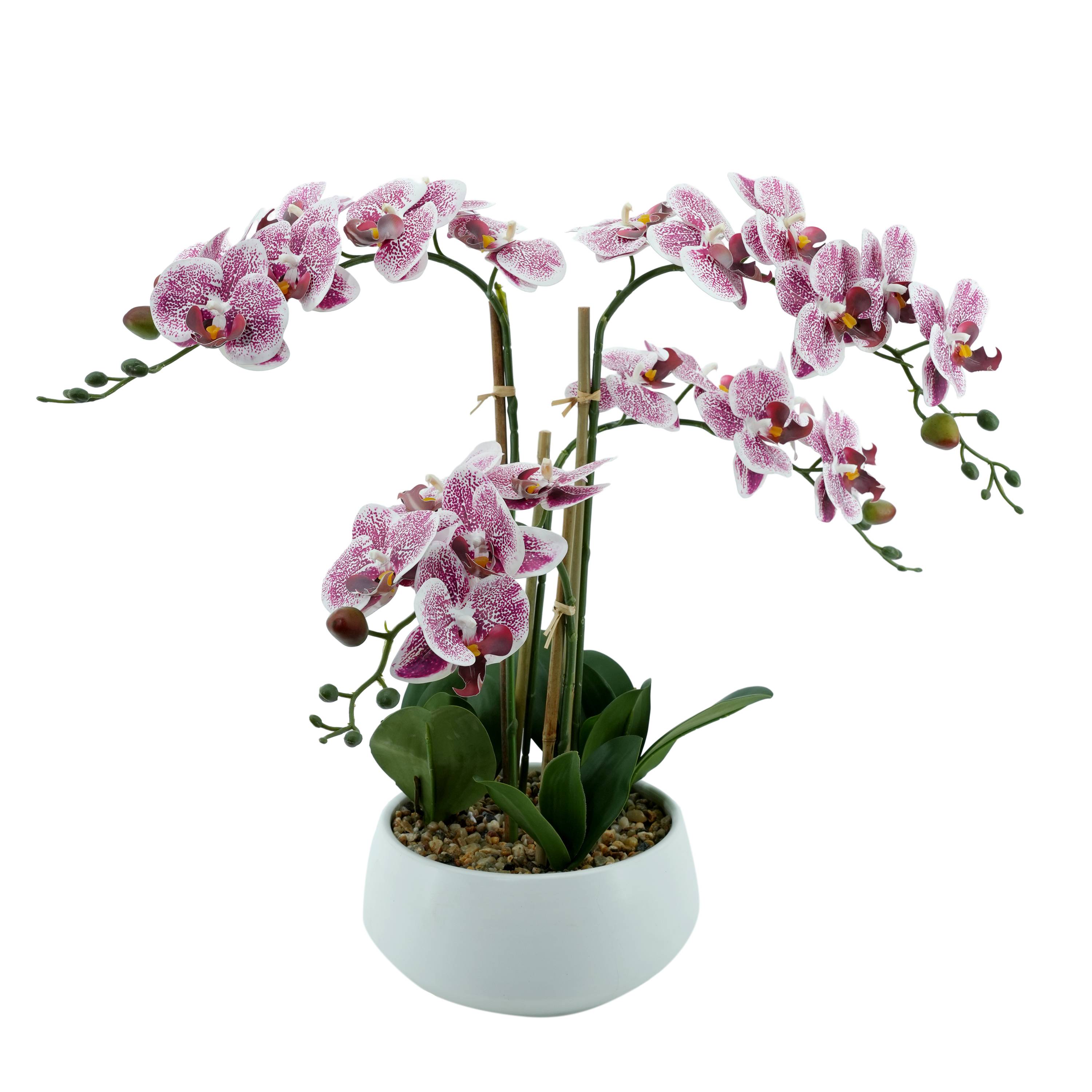 Ecloz - Orquídea phalaenopsis artificial en maceta - 4 tallos - blanca con manchas púrpura - H. 55 cm - ECLOZ