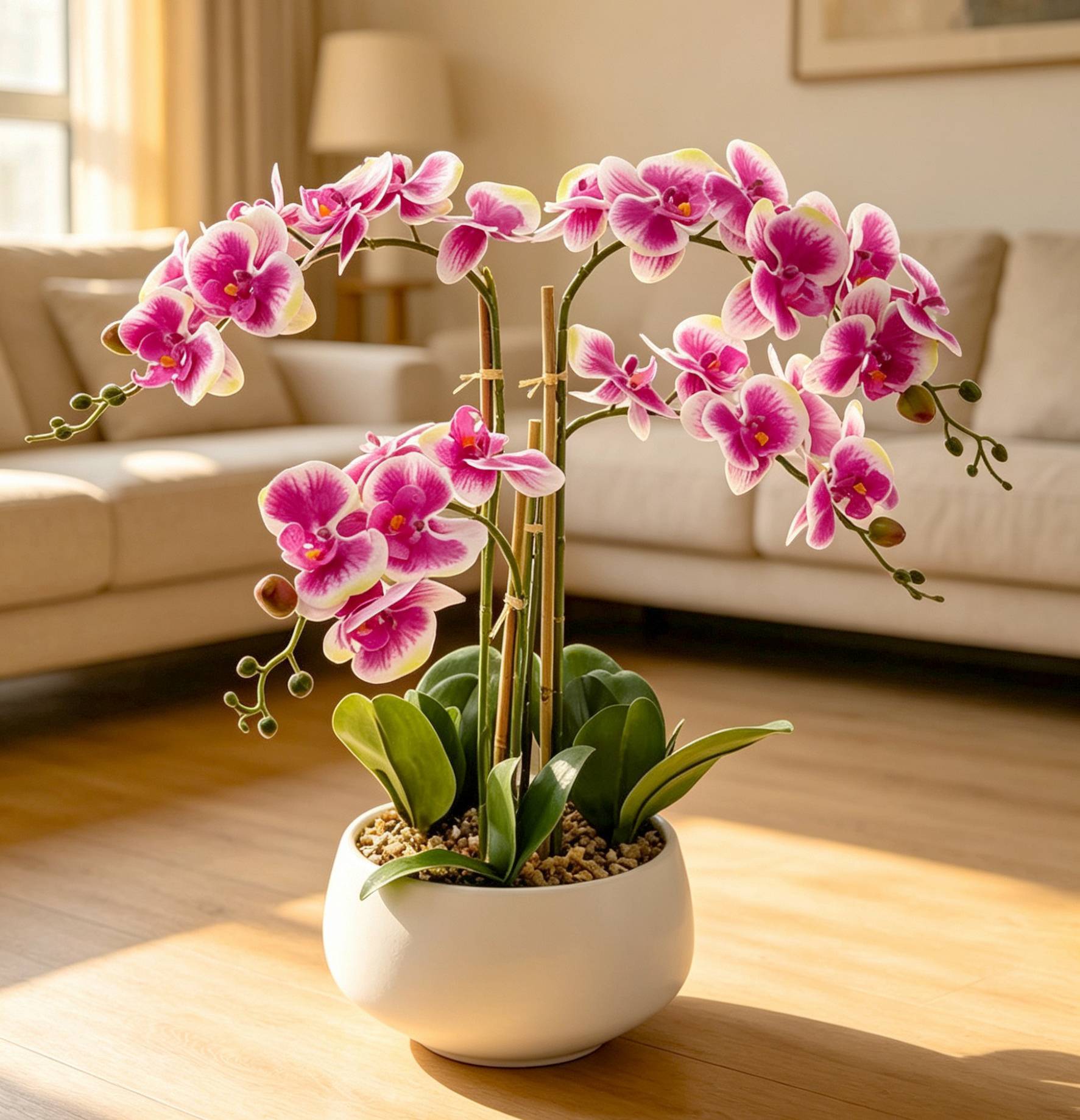 Ecloz - Orquídea phalaenopsis artificial en maceta - 4 tallos - corazón rosa magenta - H. 55 cm - ECLOZ - Imagen 5