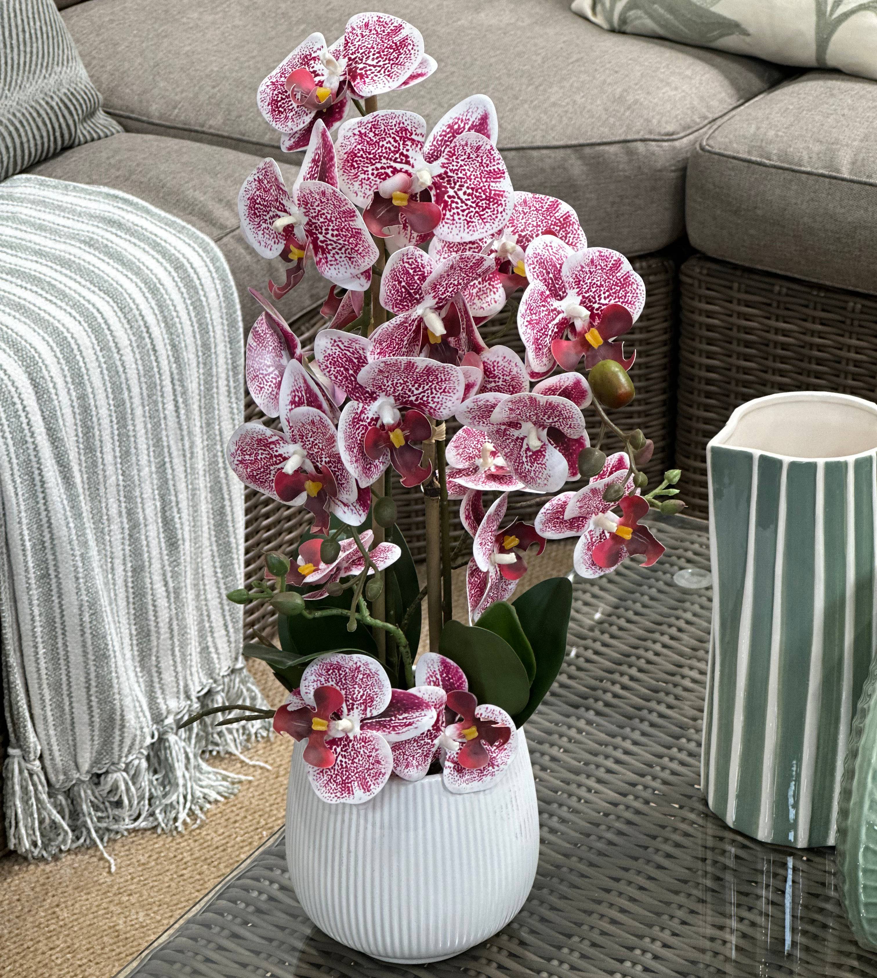 Ecloz - Orquídea phalaenopsis artificial en maceta - 2 tallos - blanca moteada púrpura - H. 55cm - ECLOZ - Imagen 5