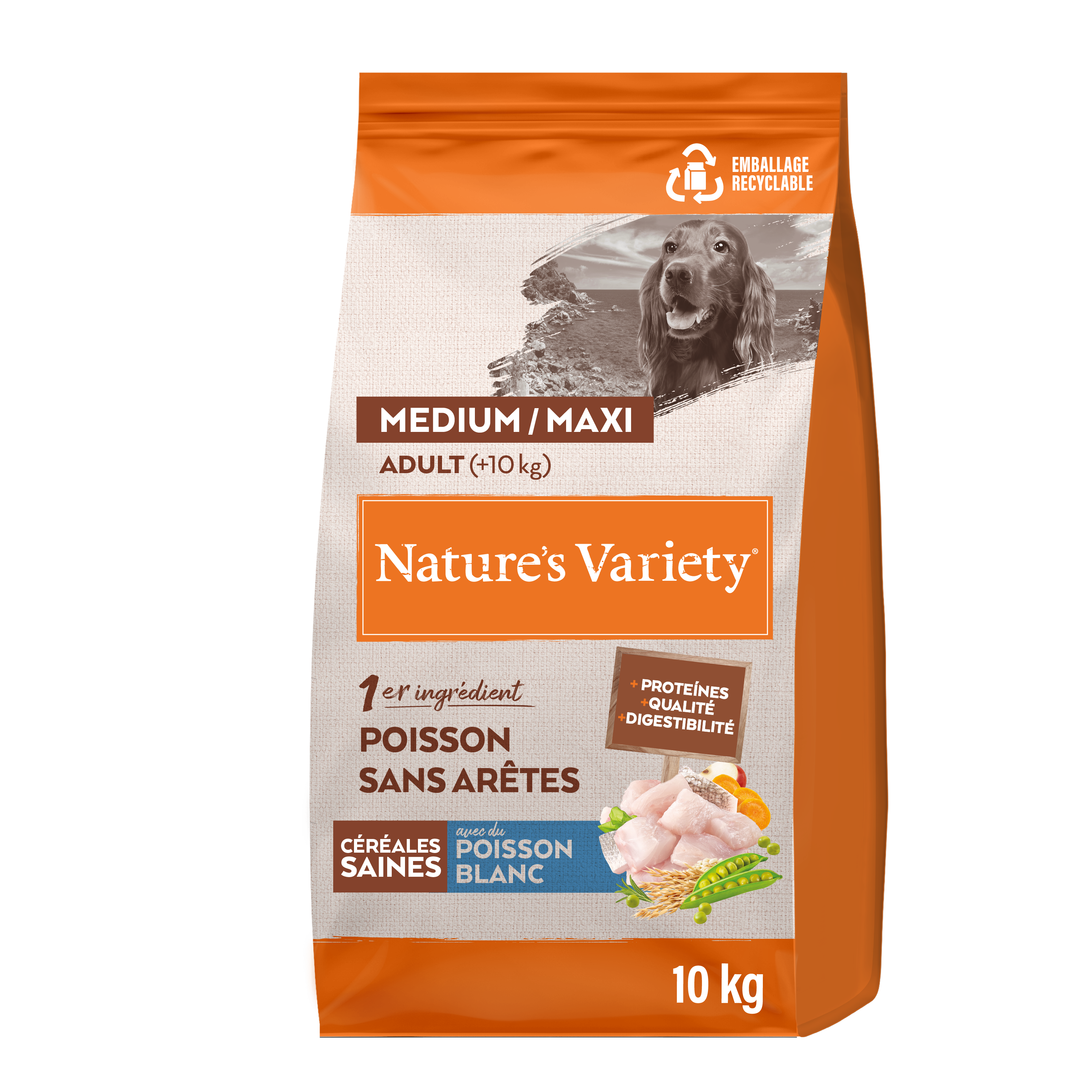 Croquetas para perro adulto con cereales saludables medium maxi pescado blanco 10 kg - Nature's Variety - Imagen 1