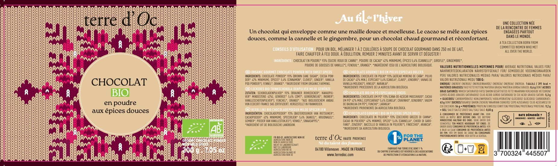 Terre d'Oc - Chocolate en polvo con especias suaves 200 g - Terre d'Oc - Imagen 2